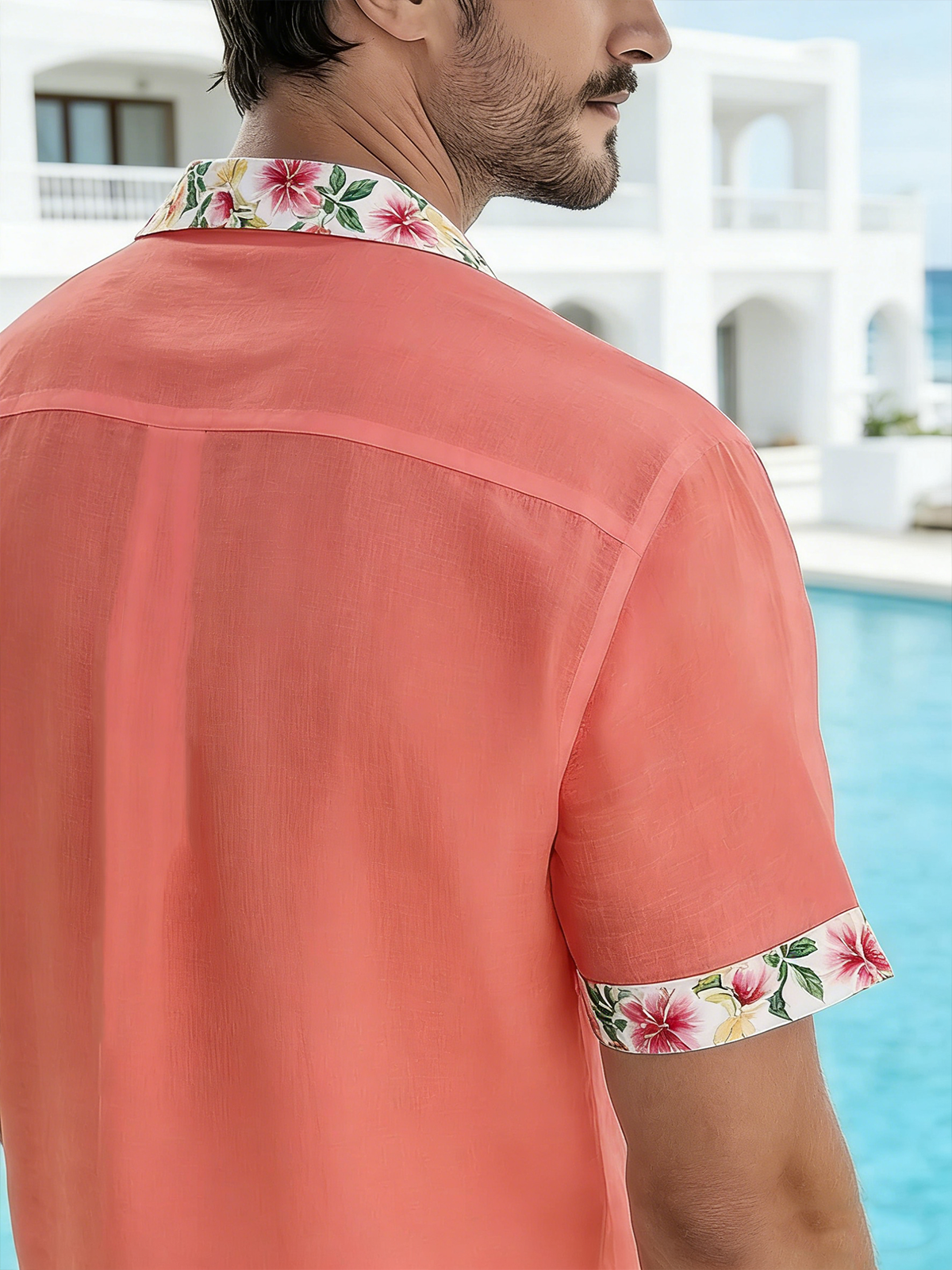 Linen-Texture Botanical Floral Chest Pocket Holiday Hawaiian Shirt