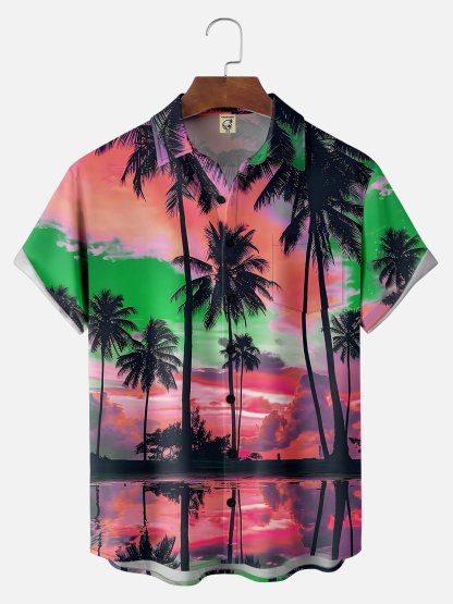 Big Size Moisture-wicking Beach Sunset Coconut Tree Chest Pocket Hawaiian Shirt