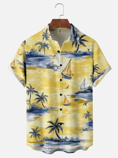 Moisture-wicking Coconut Tree Sailboat Chest Pocket Hawaiian Shirt