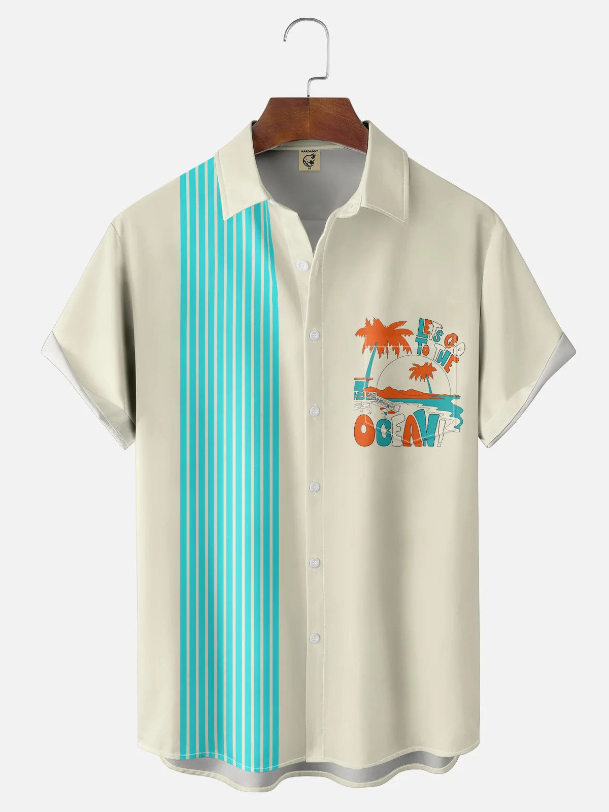 Stephen Wade Moisture Wicking Coconut Tree Landscape Text Letters Chest Pocket Hawaiian Shirt