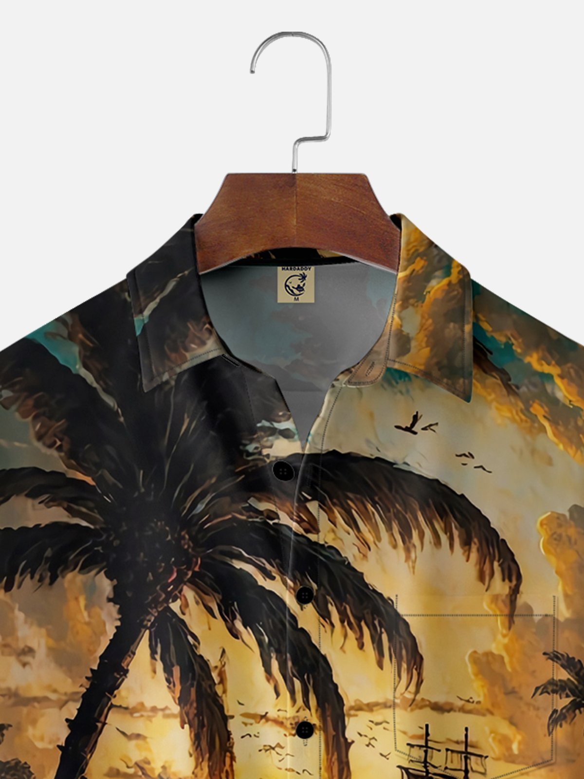 Moisture-wicking Palm Tree Sailing Boat Chest Pocket Hawaiian Shirt