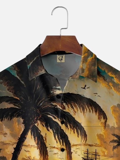 Moisture-wicking Palm Tree Sailing Boat Chest Pocket Hawaiian Shirt