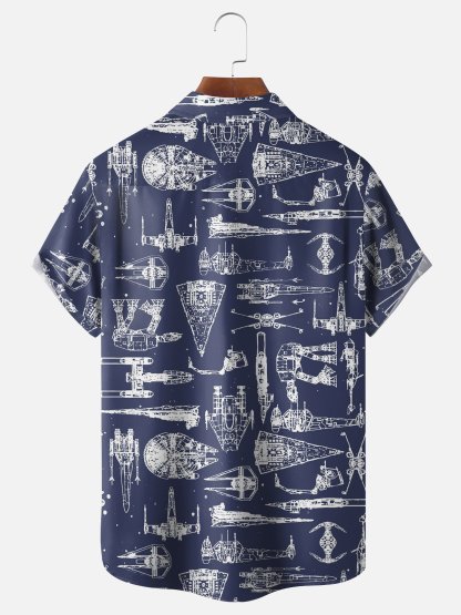 Hardaddy Mens Aerospace Machine Print Casual Breathable Short Sleeve Hawaiian Shirt