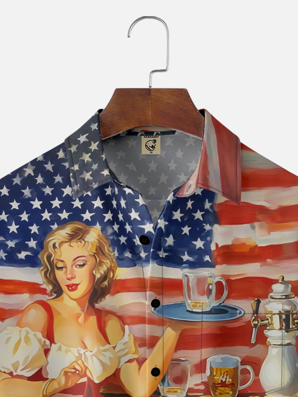 Moisture Wicking Retro Beauty Beer Festival American Flag Art Painting Chest Pocket Hawaiian Shirt