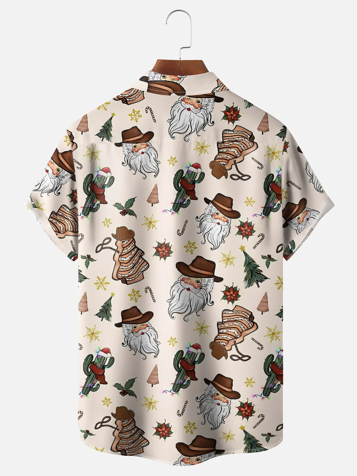 Moisture-Wicking Christmas Santa Claus Cowboy Hat Cactus Chest Pocket Hawaiian Shirt