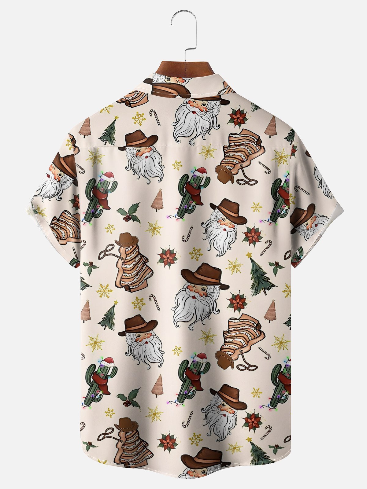 Moisture-Wicking Christmas Santa Claus Cowboy Hat Cactus Chest Pocket Hawaiian Shirt