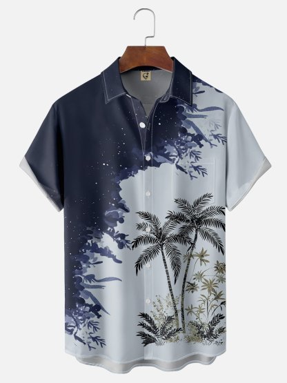 Moisture-wicking Tropical Palm Tree Chest Pocket Hawaiian Shirt