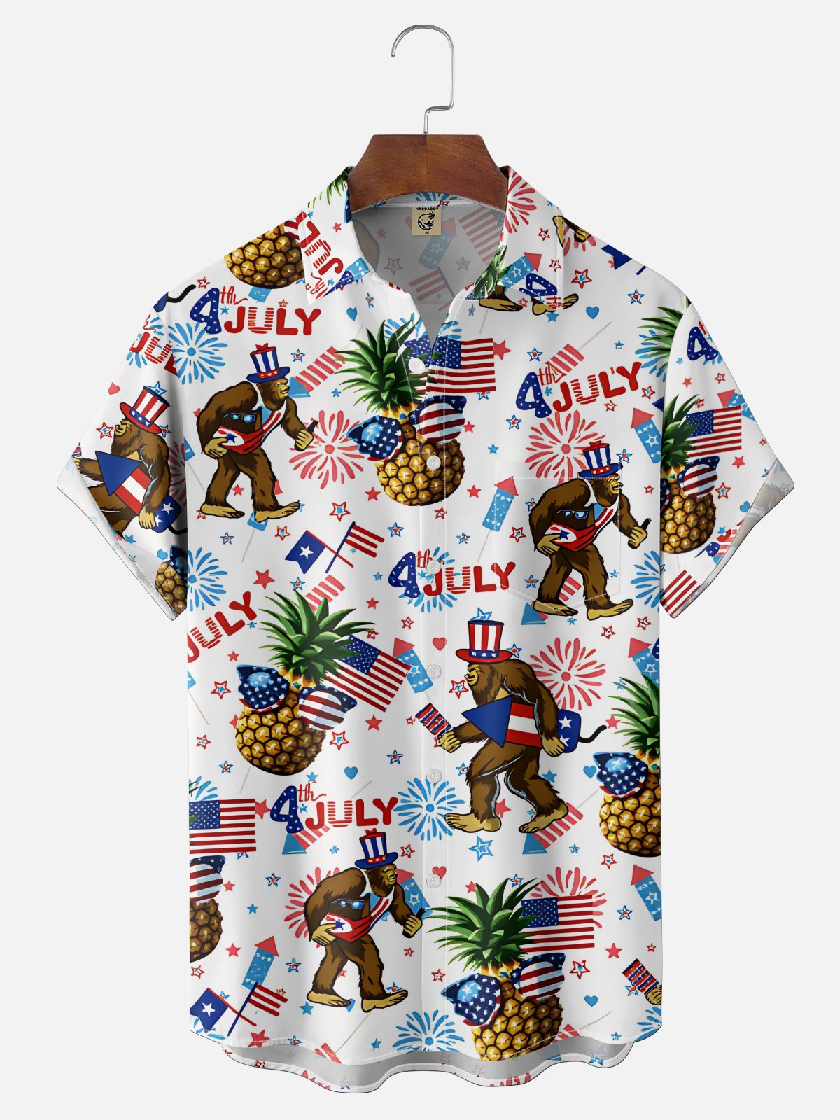Moisture-Wicking Independence Day Anniversary American Flag Bigfoot Chest Pocket Holiday Hawaiian Shirt
