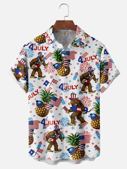 Moisture-Wicking Independence Day Anniversary American Flag Bigfoot Chest Pocket Holiday Hawaiian Shirt