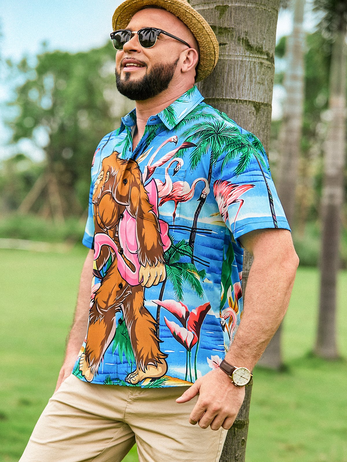 Flamingo Chest Pocket Short Sleeve Hawaiian Shirt