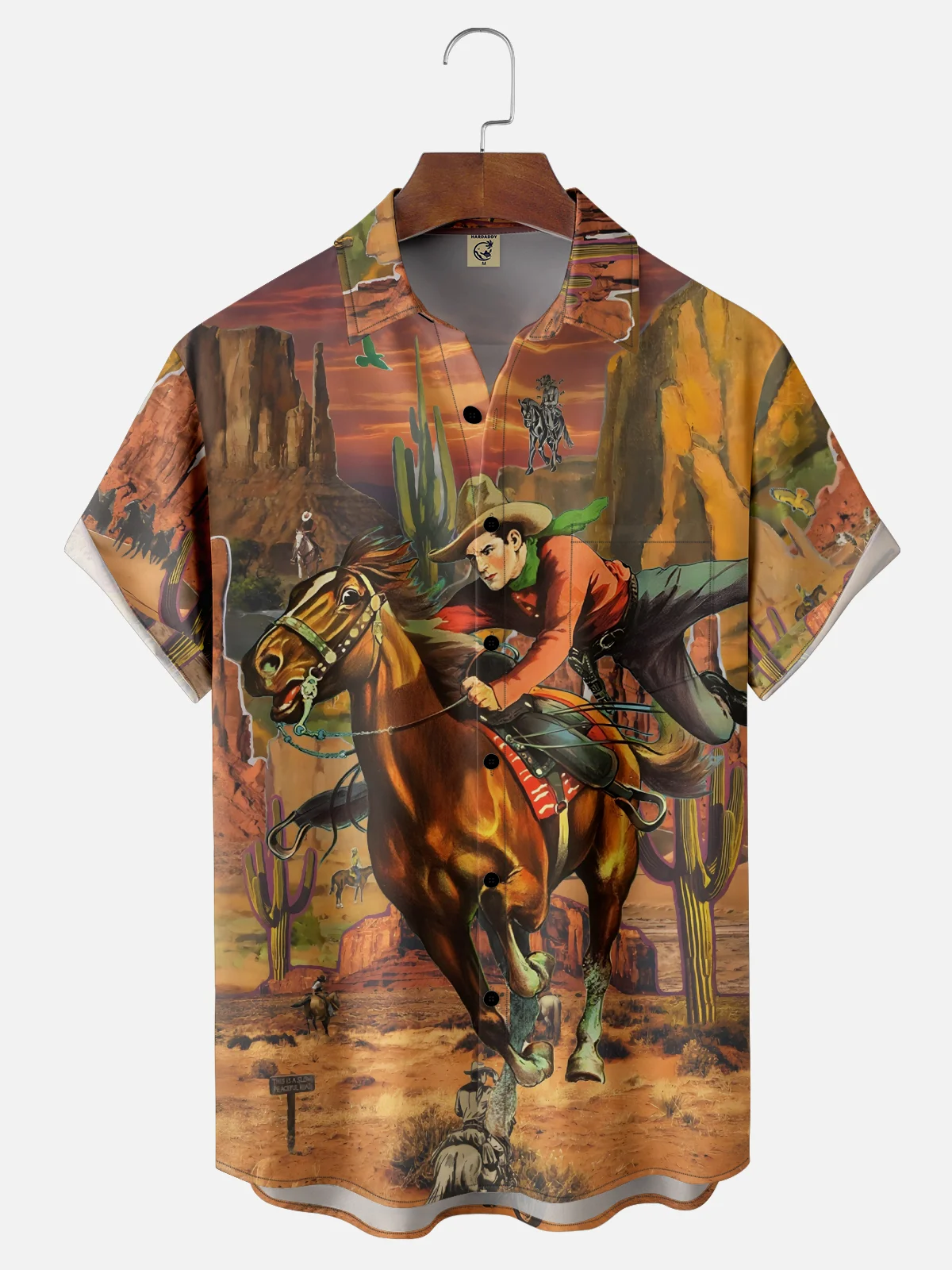 Moisture-Wicking Art Painting Horseback Riding Cowboy Hat Cactus Chest Pocket Hawaiian Shirt