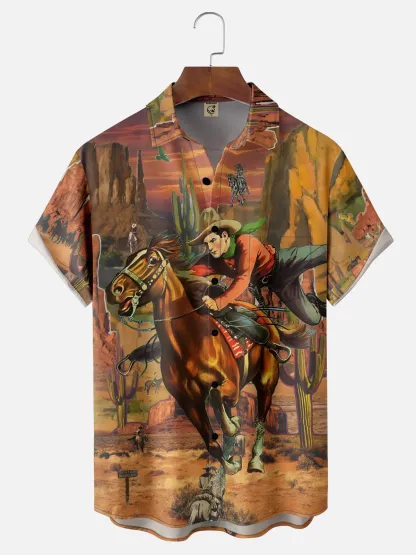 Moisture-Wicking Art Painting Horseback Riding Cowboy Hat Cactus Chest Pocket Hawaiian Shirt