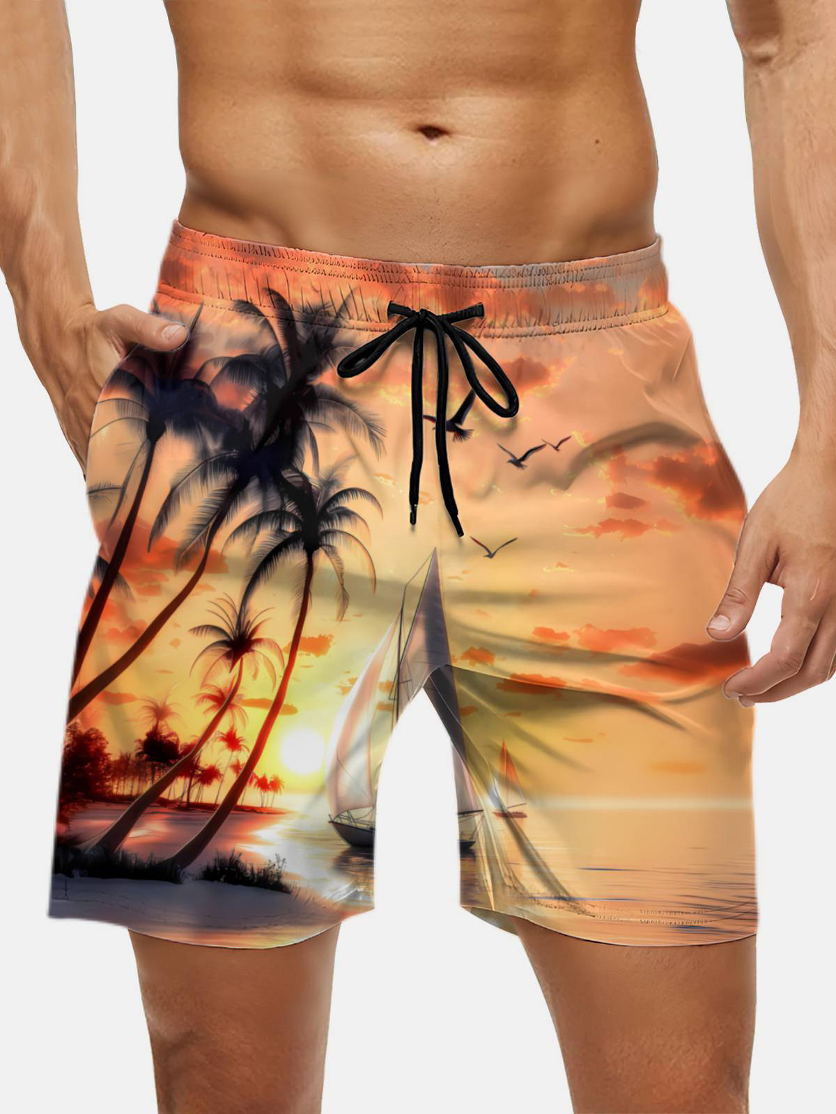 Men's Swim Trunks Hawaiian Tropical Palm Tree Sunset Beach Shorts with Pockets