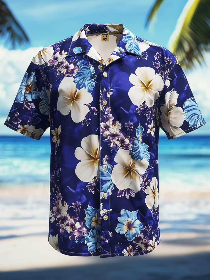 Moisture-wicking Tropical Floral Chest Pocket Hawaiian Shirt