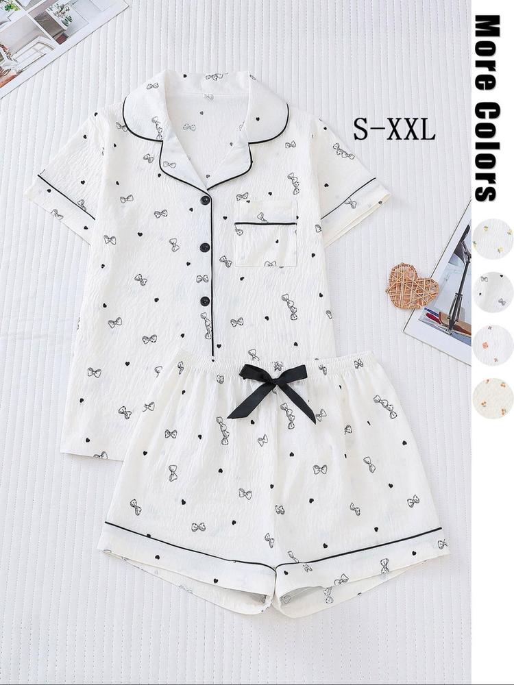 Two-Piece Set Women's Heart & Bowknot Print Lapel Neck Pocket Shirt & Bow Decor Shorts Pyjama, Casual Comfy Textured Short Sleeve Button Up Top & Shorts PJ Set, Ladies Sleepwear for All Seasons