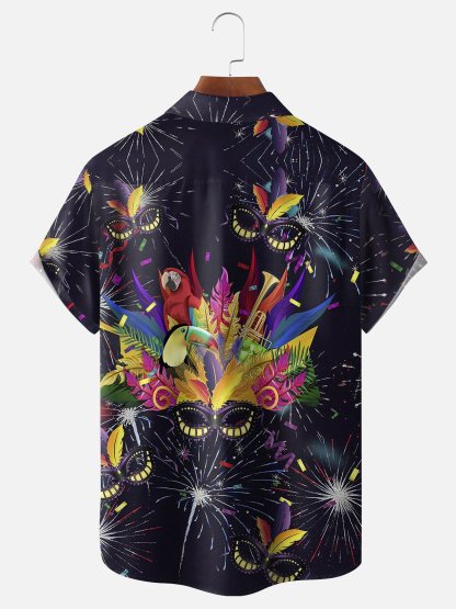 Mens Mardi Gras Carnival Masks Print Casual Breathable Short Sleeve Hawaiian Shirts