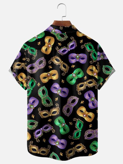 Mens Mardi Gras Carnival Masks Print Casual Breathable Short Sleeve Hawaiian Shirts