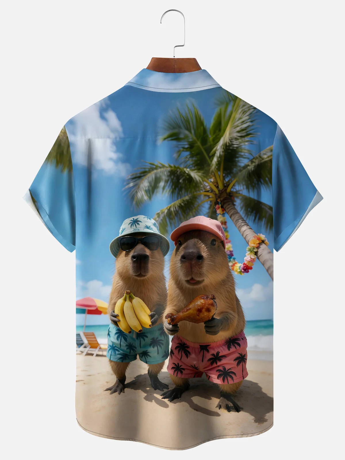 Moisture-wicking Capybara Banana Coconut Tree Beach Chest Pocket Hawaiian Shirt