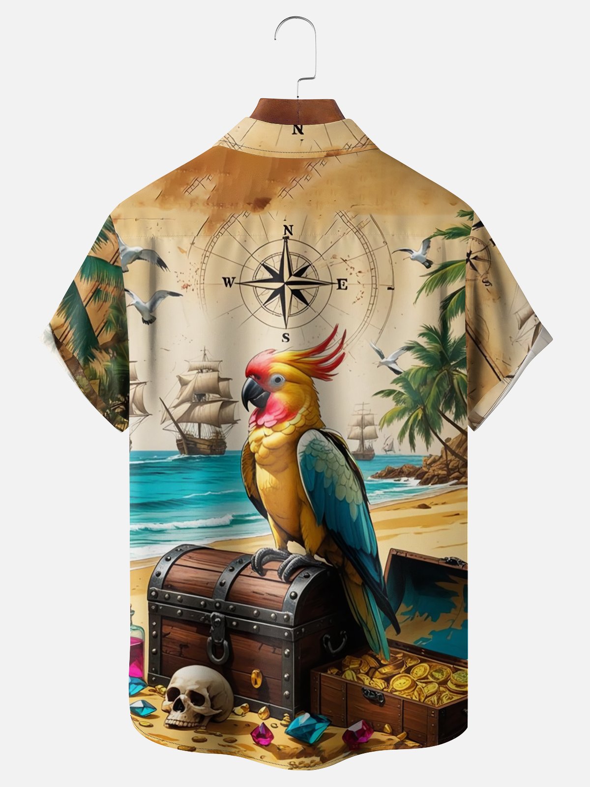 Moisture Wicking Ocean Treasure Map Parrot Chest Pocke Holiday Hawaiian Shirt