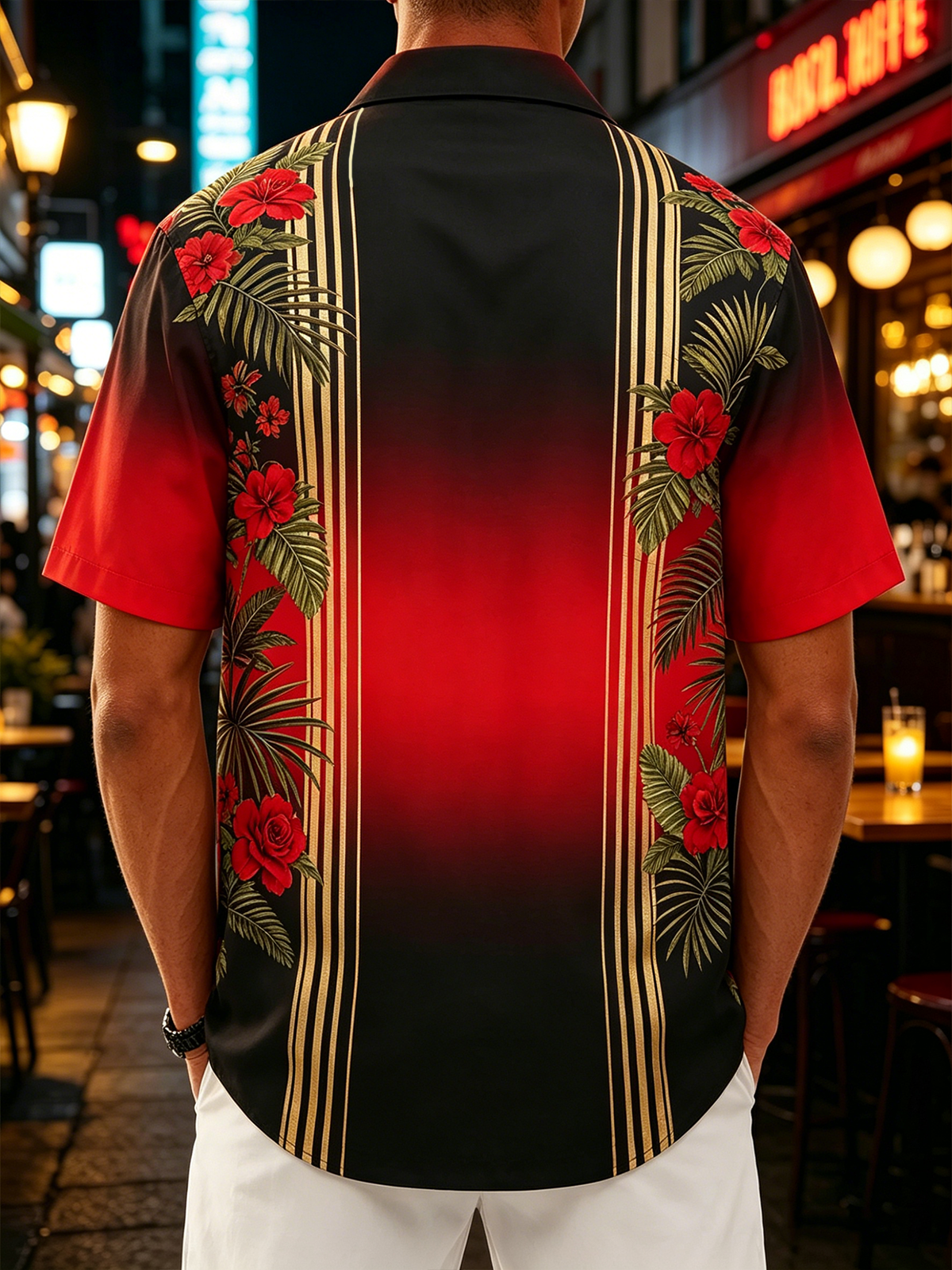 Moisture-Wicking Tropical Gradient Botanical Floral Vintage Car Chest Pocket Detail Festive Hawaiian Shirt