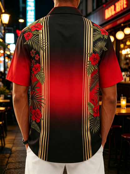 Moisture-Wicking Tropical Gradient Botanical Floral Vintage Car Chest Pocket Detail Festive Hawaiian Shirt