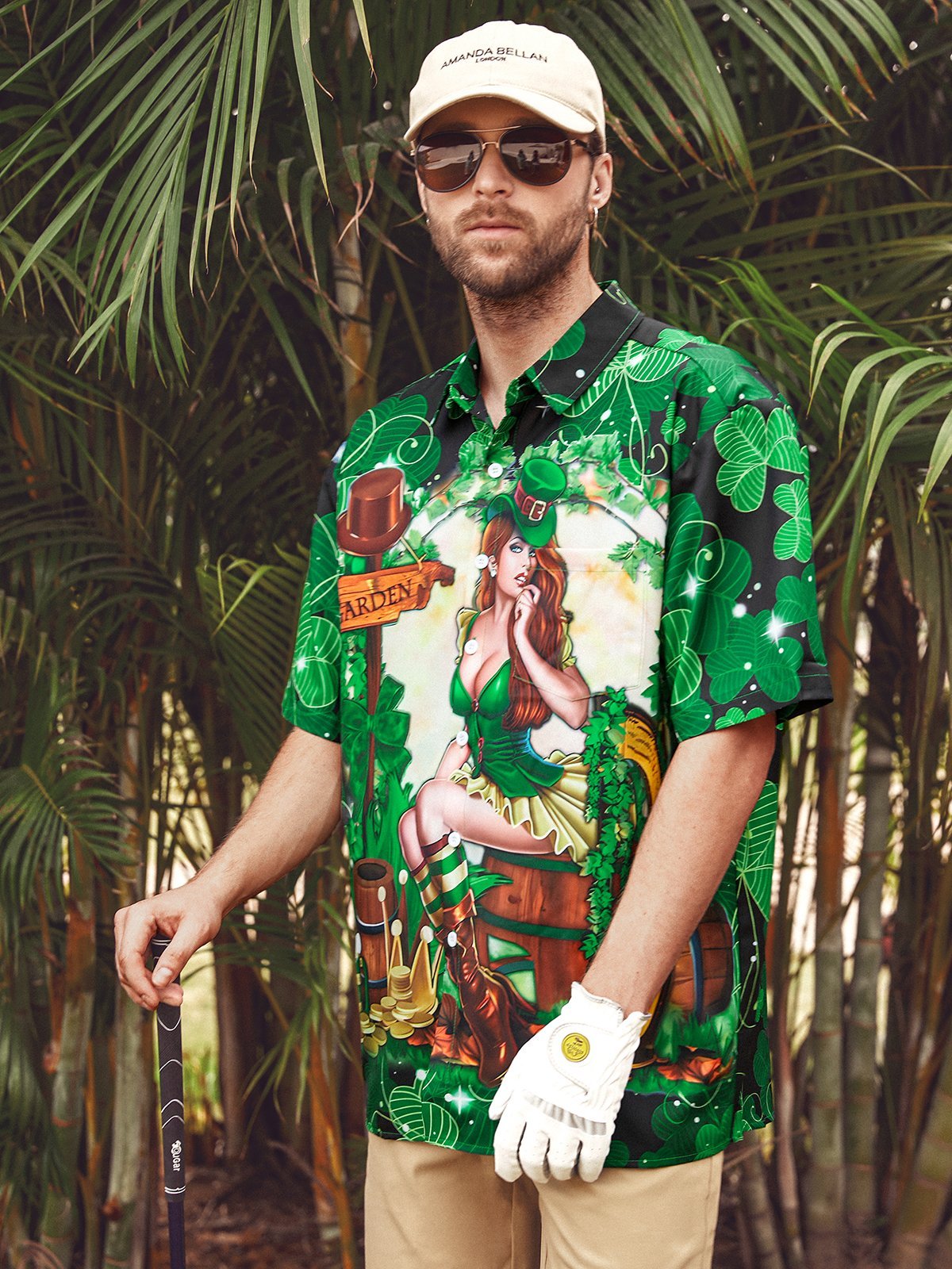 Hawaiian Button Up Shirt for Men Green St. Patrick's Day Lucky Clover Gold Coins Beauty Regular Fit Short Sleeve Shirt St Paddy's Day Shirt