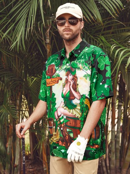 Hawaiian Button Up Shirt for Men Green St. Patrick's Day Lucky Clover Gold Coins Beauty Regular Fit Short Sleeve Shirt St Paddy's Day Shirt