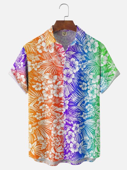 Moisture-Wicking Gradient Botanical Print Chest Pocket Holiday Hawaiian Shirt