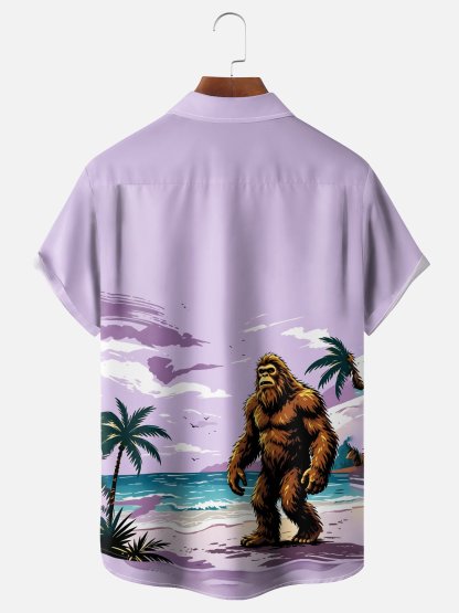 Moisture-Wicking Gradient Coconut Trees Beach And Bigfoot Print Chest Pocket Hawaiian Shirt