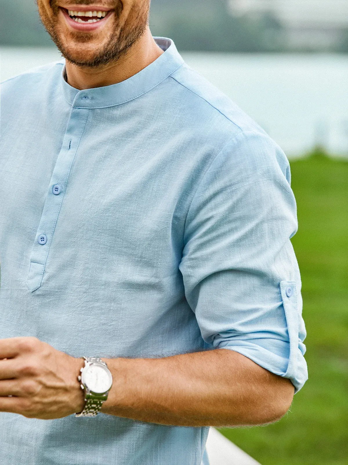 Cotton Linen Plain Color Casual Light Blue Regular Fit Long Sleeve Shirt Hawaiian Shirts For Men