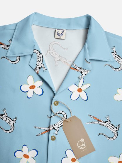 Moisture Wicking White Lotus Crocodile Chest Pocket Hawaiian Shirt
