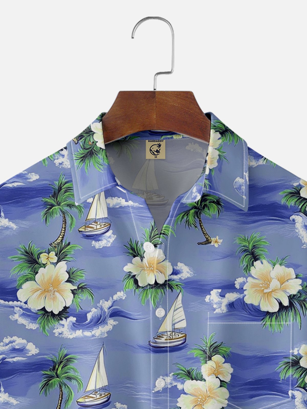 Moisture-wicking Palm Tree Hibiscus Flower Sailing Boat Chest Pocket Hawaiian Shirt
