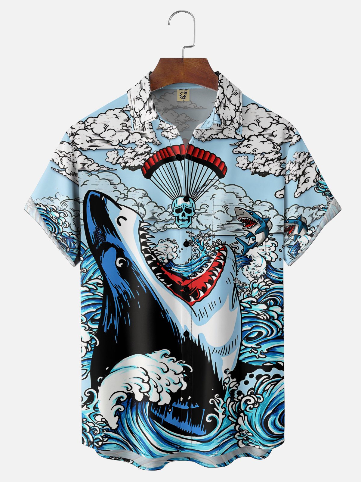 Moisture Wicking Ocean Shark Chest Pocke Holiday Hawaiian Shirt