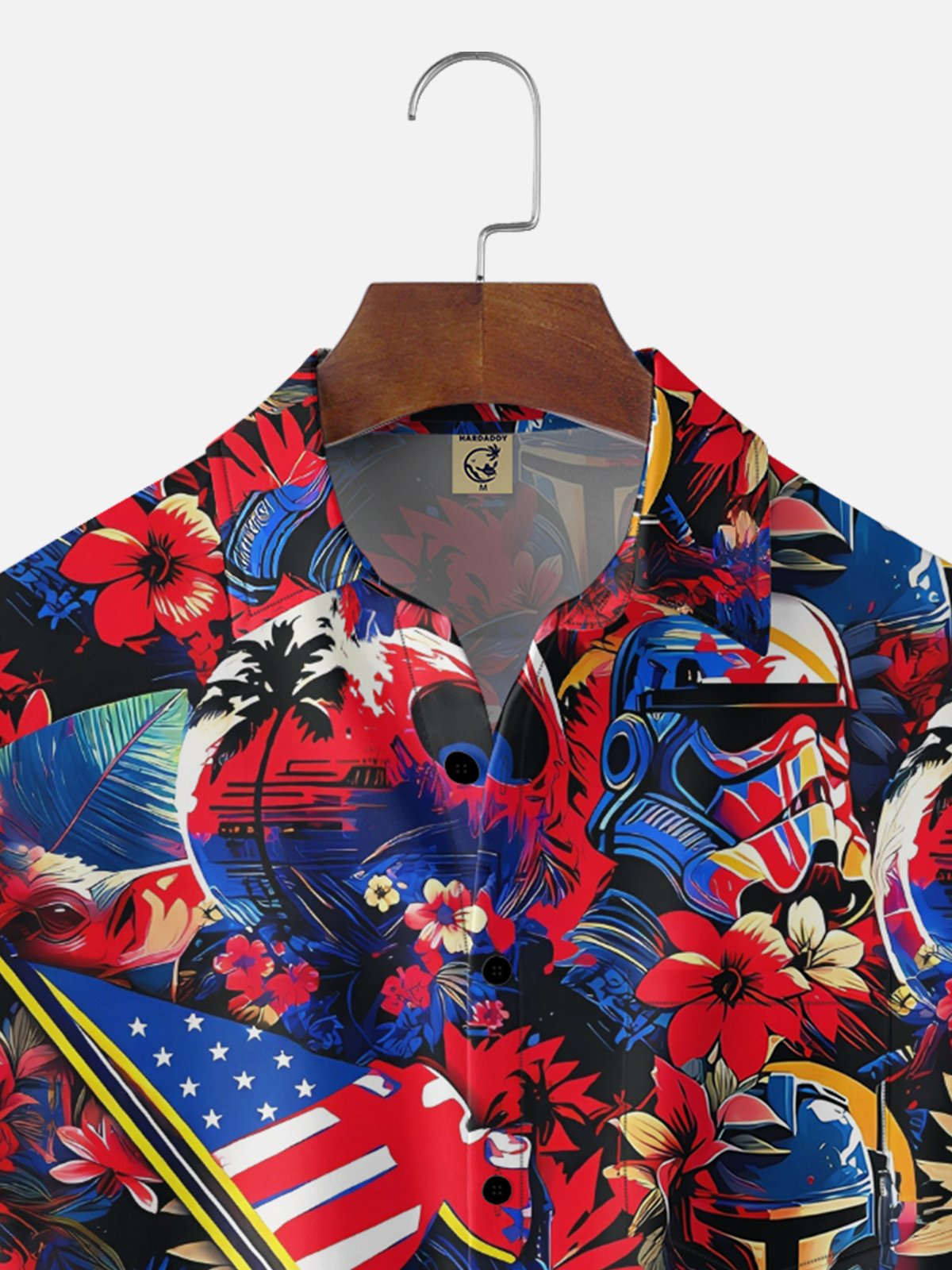 Moisture-Wicking Botanical & U.S. Flag Star Warrior Chest Pocket Holiday Hawaiian Shirt