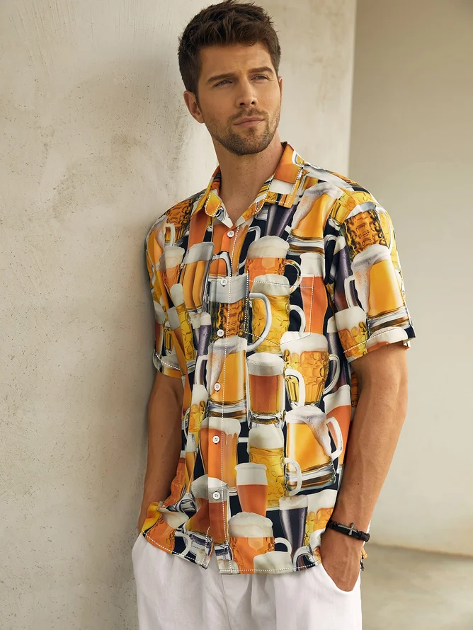 Beer Chest Pockets Short Sleeve Hawaiian Shirts