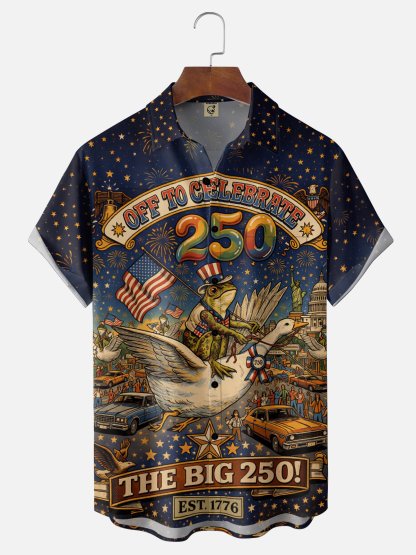 Moisture-Wicking U.S. Independence Day 250th Anniversary Commemorative Edition Frog Chest Pocket Festive Hawaiian Shirt