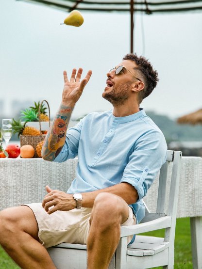 Cotton Linen Plain Color Casual Light Blue Regular Fit Long Sleeve Shirt Hawaiian Shirts For Men