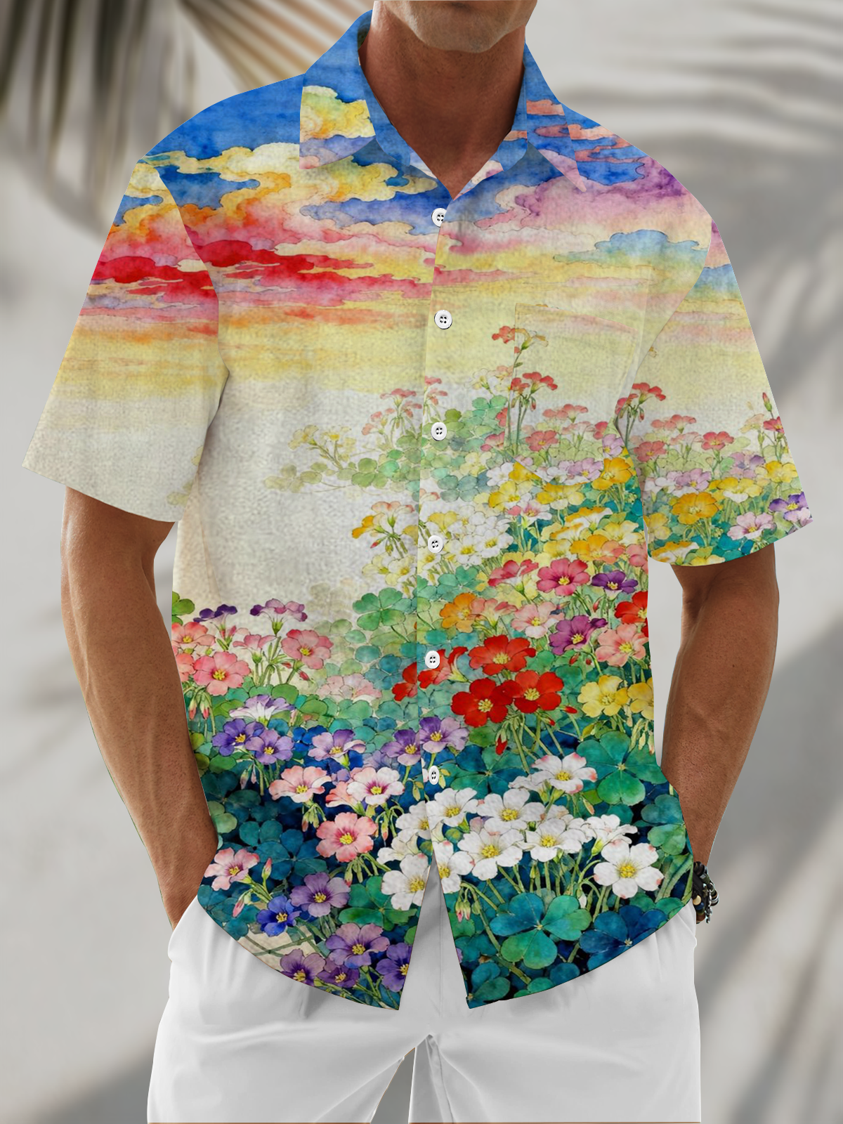 Linen Texture Botanical Print Holiday Chest Pocket Hawaiian Shirt
