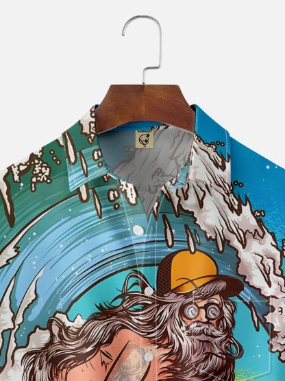 Old Man Surfing Breathable Chest Pocket Hawaiian Shirt