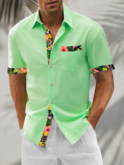 Linen Textured Solid & Botanical Floral Patchwork with Chest Pocket Holiday Hawaiian Shirt