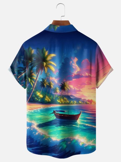 Moisture-wicking Dream Beach Vacation Scenery Chest Pocket Hawaiian Shirt