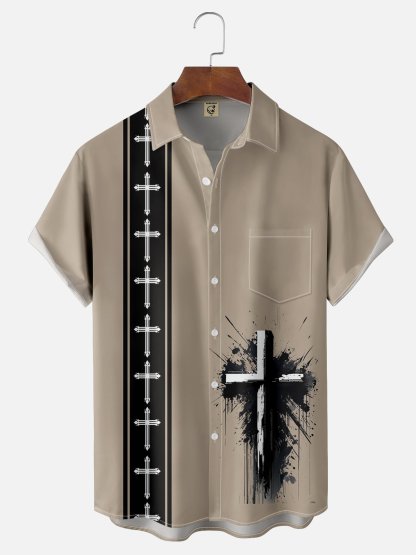 Moisture-wicking Easter Christian Cross Chest Pocket Bowling Shirt