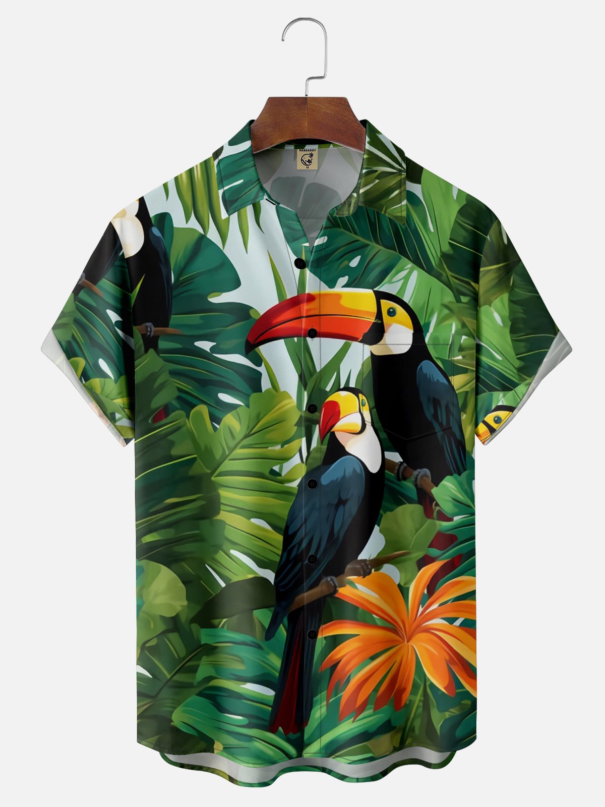 Moisture-wicking Tropical Palm Tree Toucan Parrots Chest Pocket Hawaiian Shirt