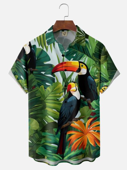 Moisture-wicking Tropical Palm Tree Toucan Parrots Chest Pocket Hawaiian Shirt