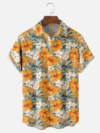 Moisture-wicking Palm Tree Hibiscus Floral Chest Pocket Hawaiian Shirt