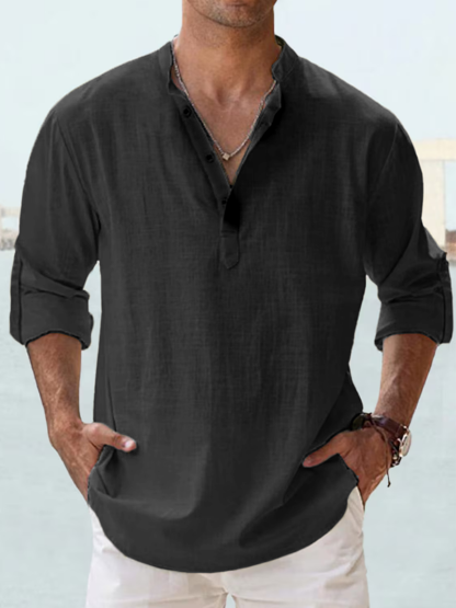 Cotton Linen Plain Color Casual Light Blue Regular Fit Long Sleeve Shirt Hawaiian Shirts For Men