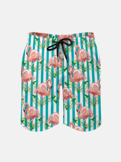 Men's Swim Trunks Hawaiian Tropical Flamingo Striped Beach Shorts with Pockets