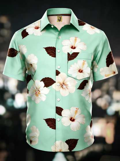 Moisture-wicking Tropical Hibiscus Floral Chest Pocket Hawaiian Shirt