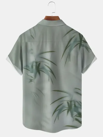Moisture-wicking Leaf Chest Pocket Hawaiian Shirt
