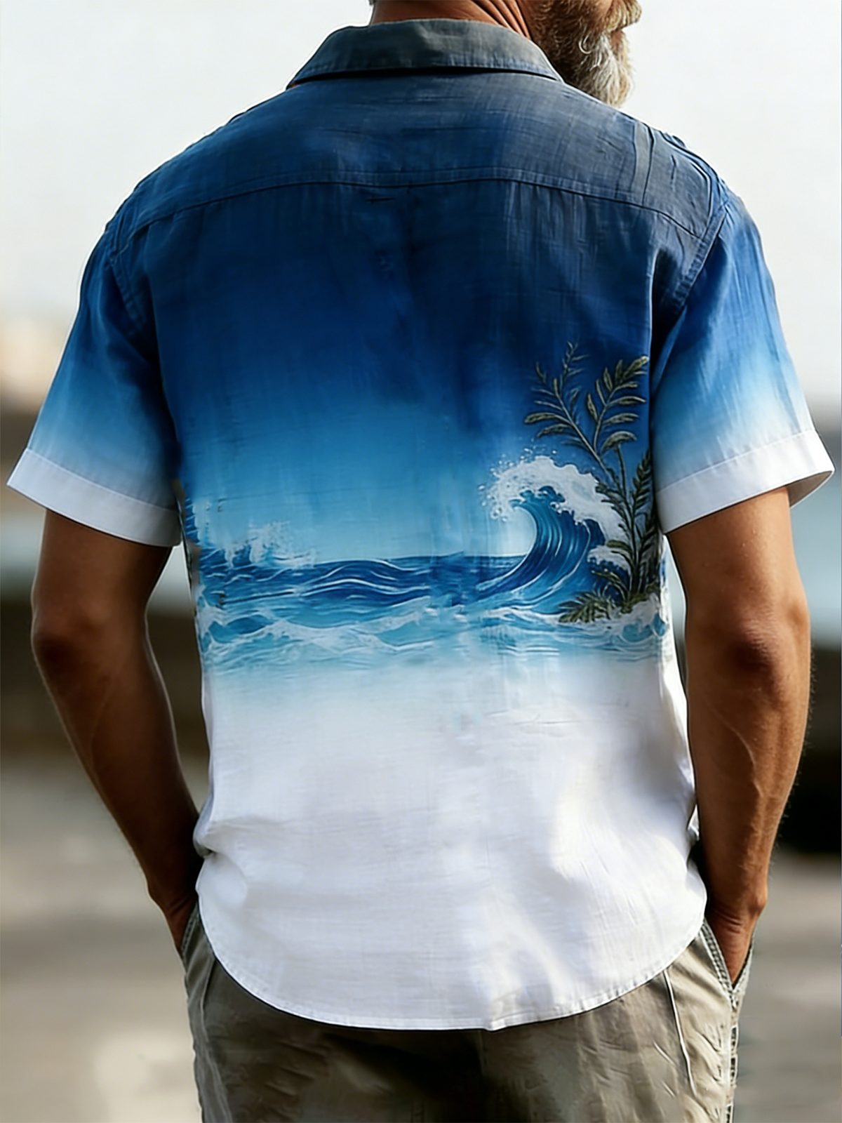 Linen Texture Gradient Ocean Wave Plant Chest Pocke Holiday Hawaiian Shirt
